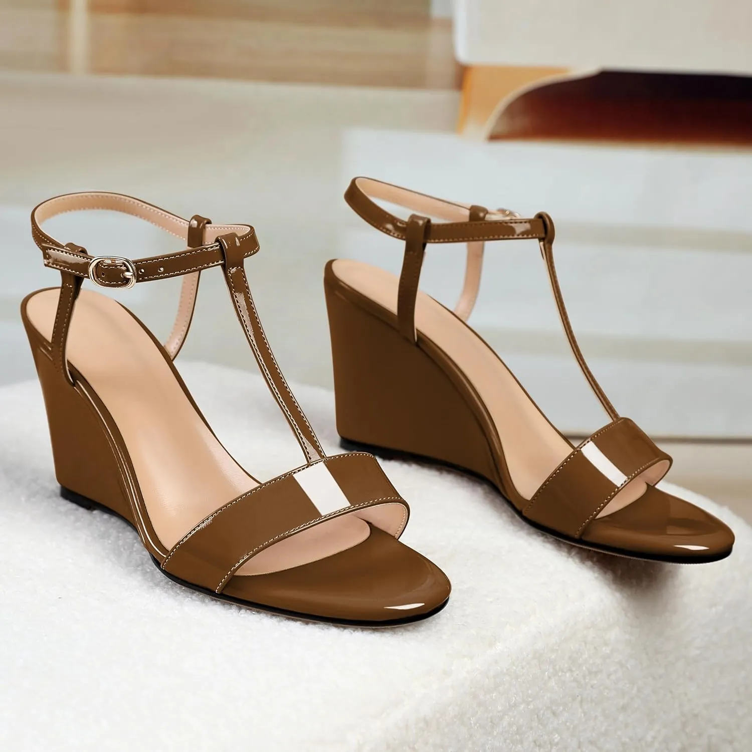 Mettesally Women's Wedge Heels T Strap High Heels Ankle Strap Open Toe Strappy Heeled Sandals Dress Shoes for Casual Party