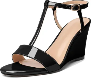 Mettesally Women's Wedge Heels T Strap High Heels Ankle Strap Open Toe Strappy Heeled Sandals Dress Shoes for Casual Party