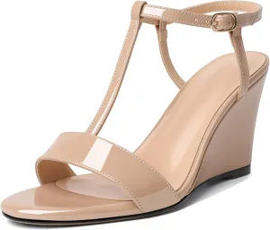 Mettesally Women's Wedge Heels T Strap High Heels Ankle Strap Open Toe Strappy Heeled Sandals Dress Shoes for Casual Party