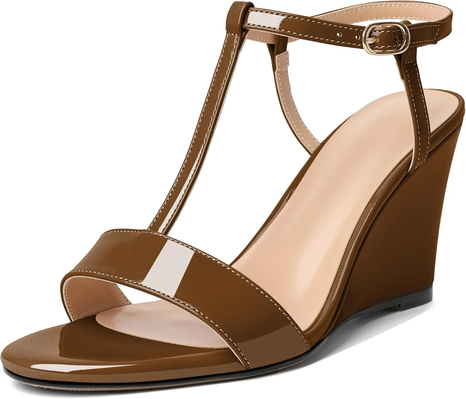 Mettesally Women's Wedge Heels T Strap High Heels Ankle Strap Open Toe Strappy Heeled Sandals Dress Shoes for Casual Party
