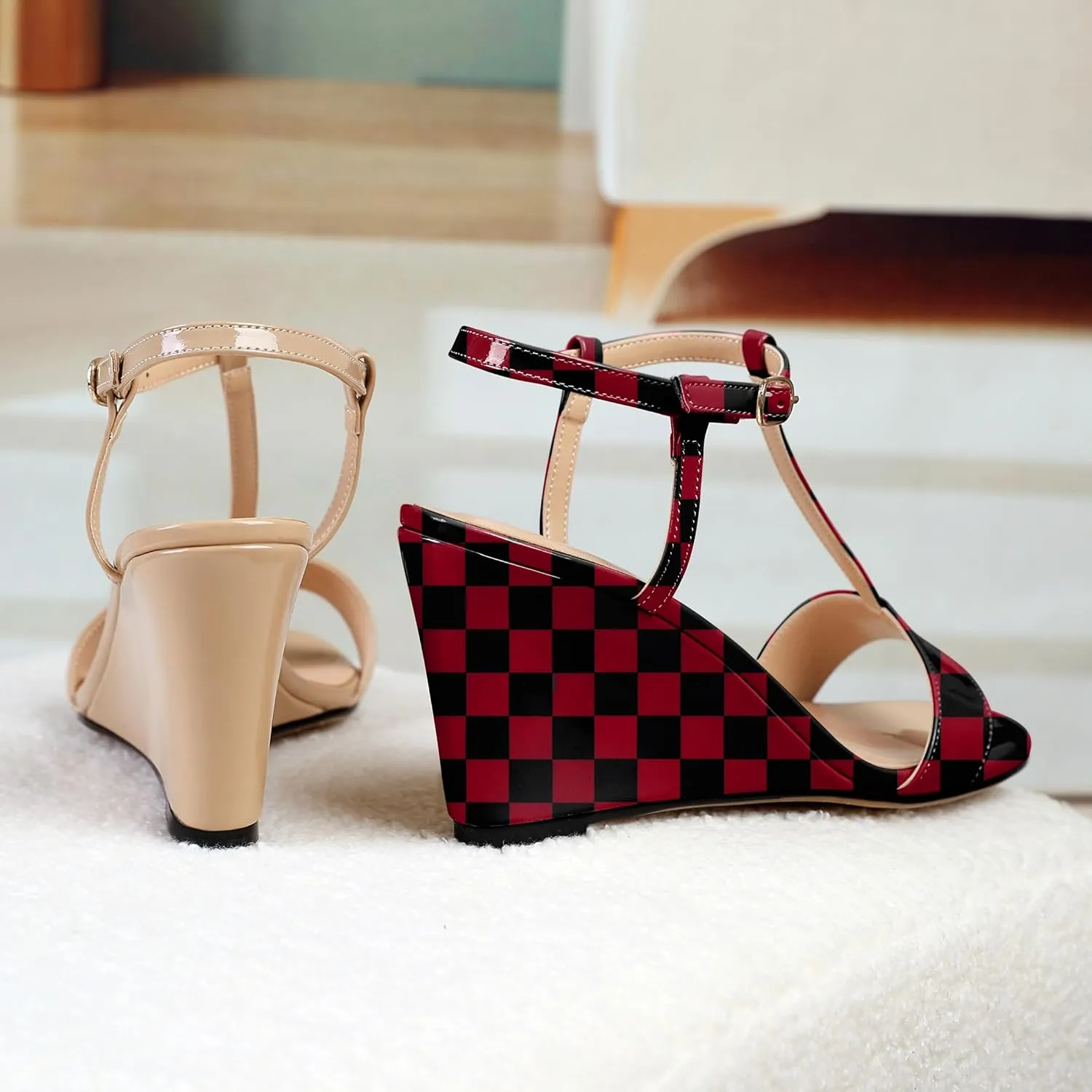 Mettesally Women's Wedge Heels T Strap High Heels Ankle Strap Open Toe Strappy Heeled Sandals Dress Shoes for Casual Party