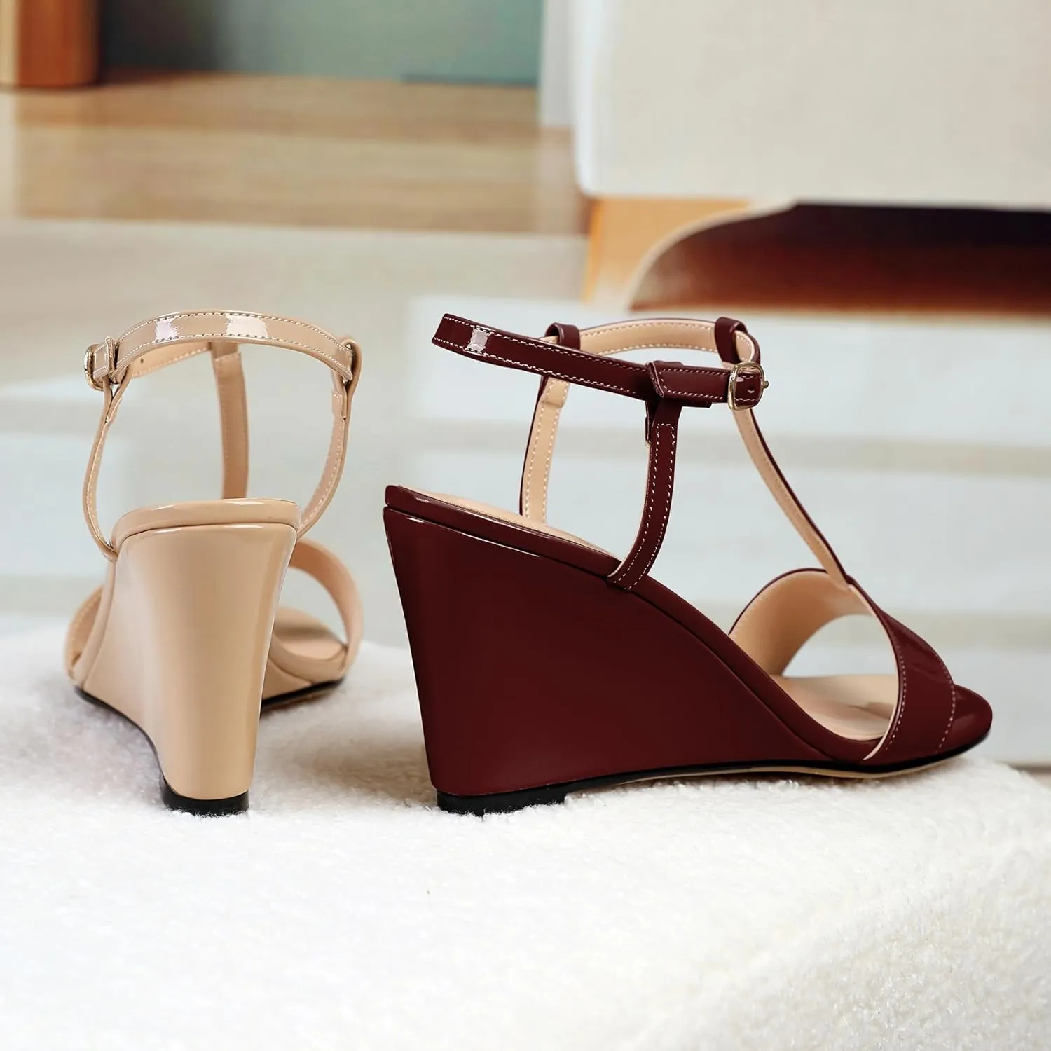 Mettesally Women's Wedge Heels T Strap High Heels Ankle Strap Open Toe Strappy Heeled Sandals Dress Shoes for Casual Party
