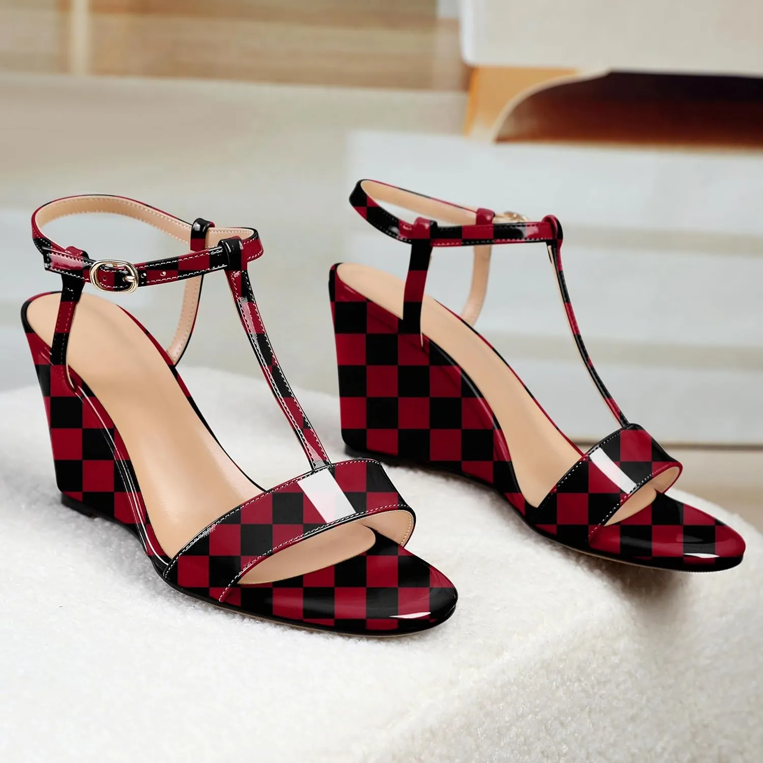 Mettesally Women's Wedge Heels T Strap High Heels Ankle Strap Open Toe Strappy Heeled Sandals Dress Shoes for Casual Party