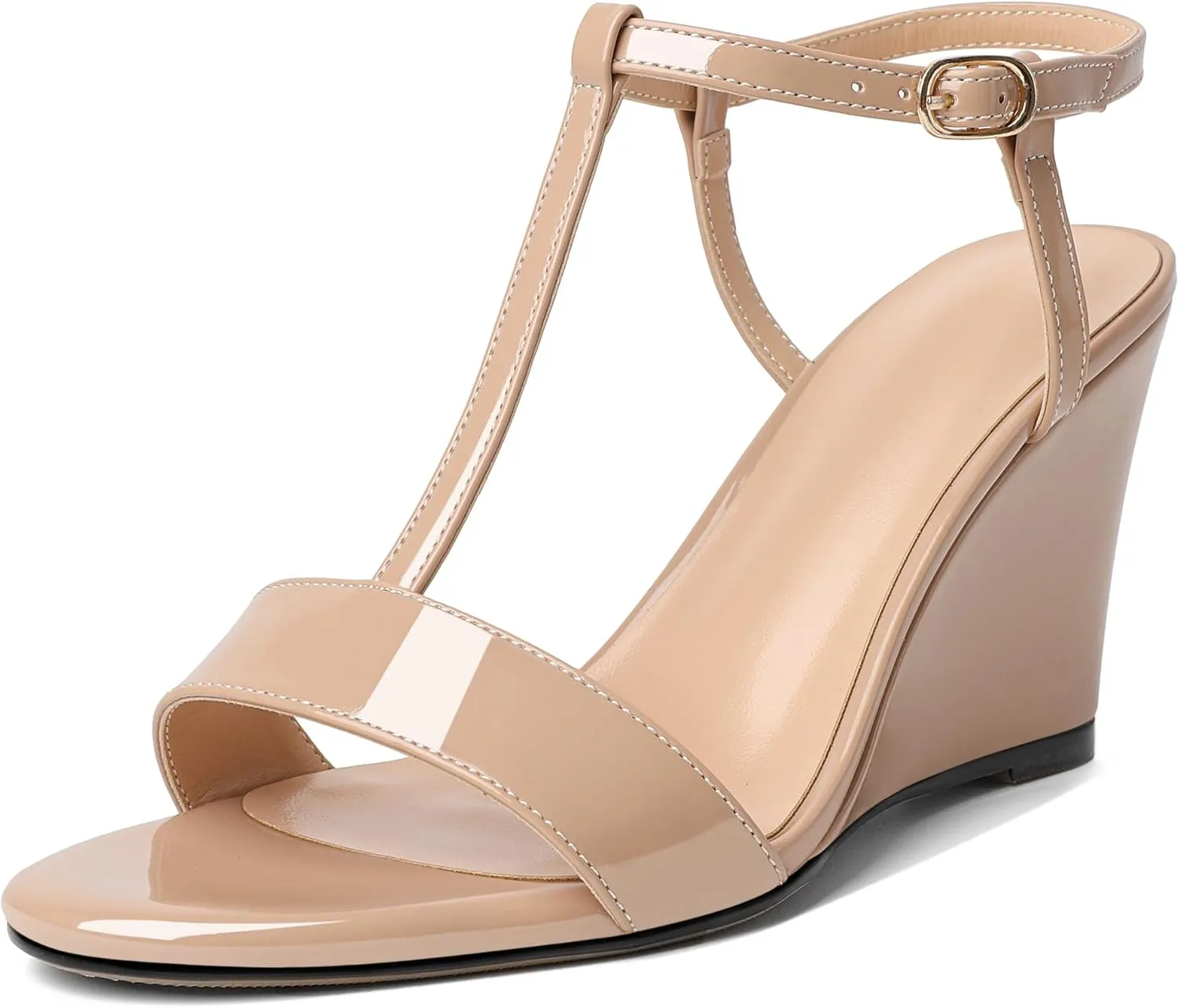Mettesally Women's Wedge Heels T Strap High Heels Ankle Strap Open Toe Strappy Heeled Sandals Dress Shoes for Casual Party
