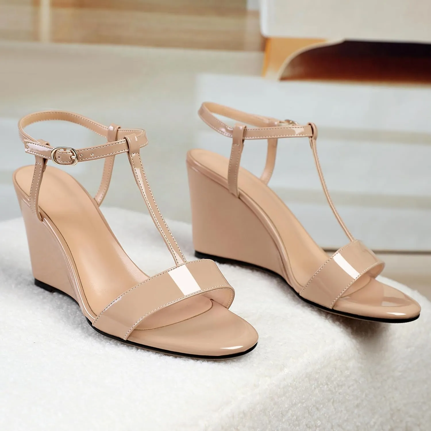 Mettesally Women's Wedge Heels T Strap High Heels Ankle Strap Open Toe Strappy Heeled Sandals Dress Shoes for Casual Party