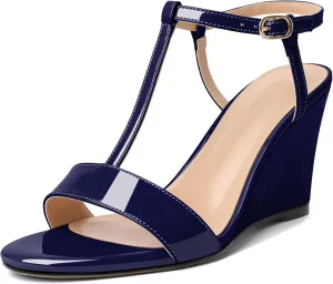 Mettesally Women's Wedge Heels T Strap High Heels Ankle Strap Open Toe Strappy Heeled Sandals Dress Shoes for Casual Party
