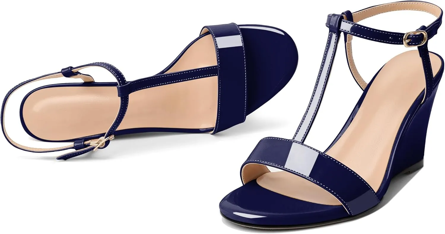 Mettesally Women's Wedge Heels T Strap High Heels Ankle Strap Open Toe Strappy Heeled Sandals Dress Shoes for Casual Party