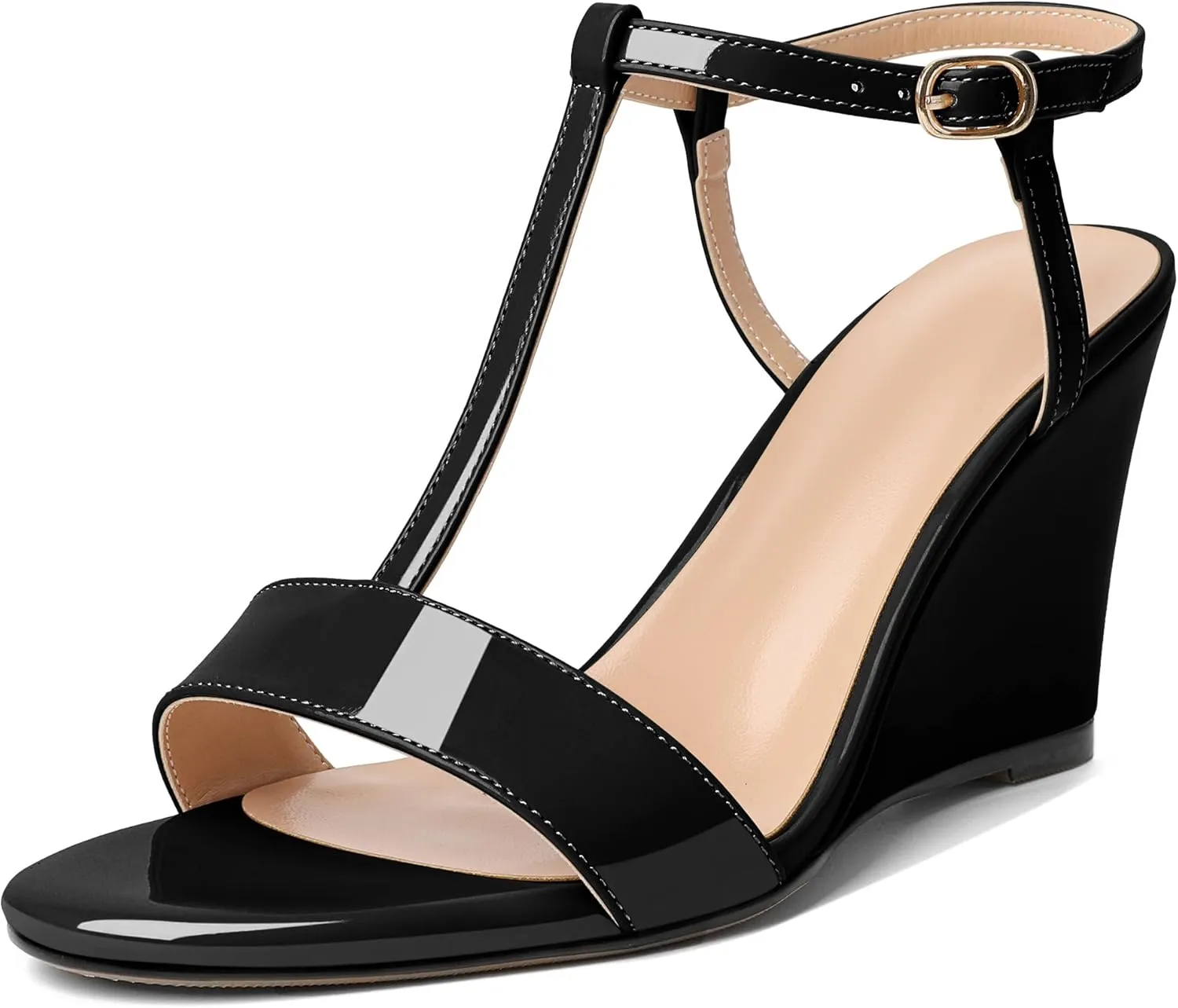 Mettesally Women's Wedge Heels T Strap High Heels Ankle Strap Open Toe Strappy Heeled Sandals Dress Shoes for Casual Party
