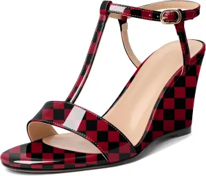 Mettesally Women's Wedge Heels T Strap High Heels Ankle Strap Open Toe Strappy Heeled Sandals Dress Shoes for Casual Party