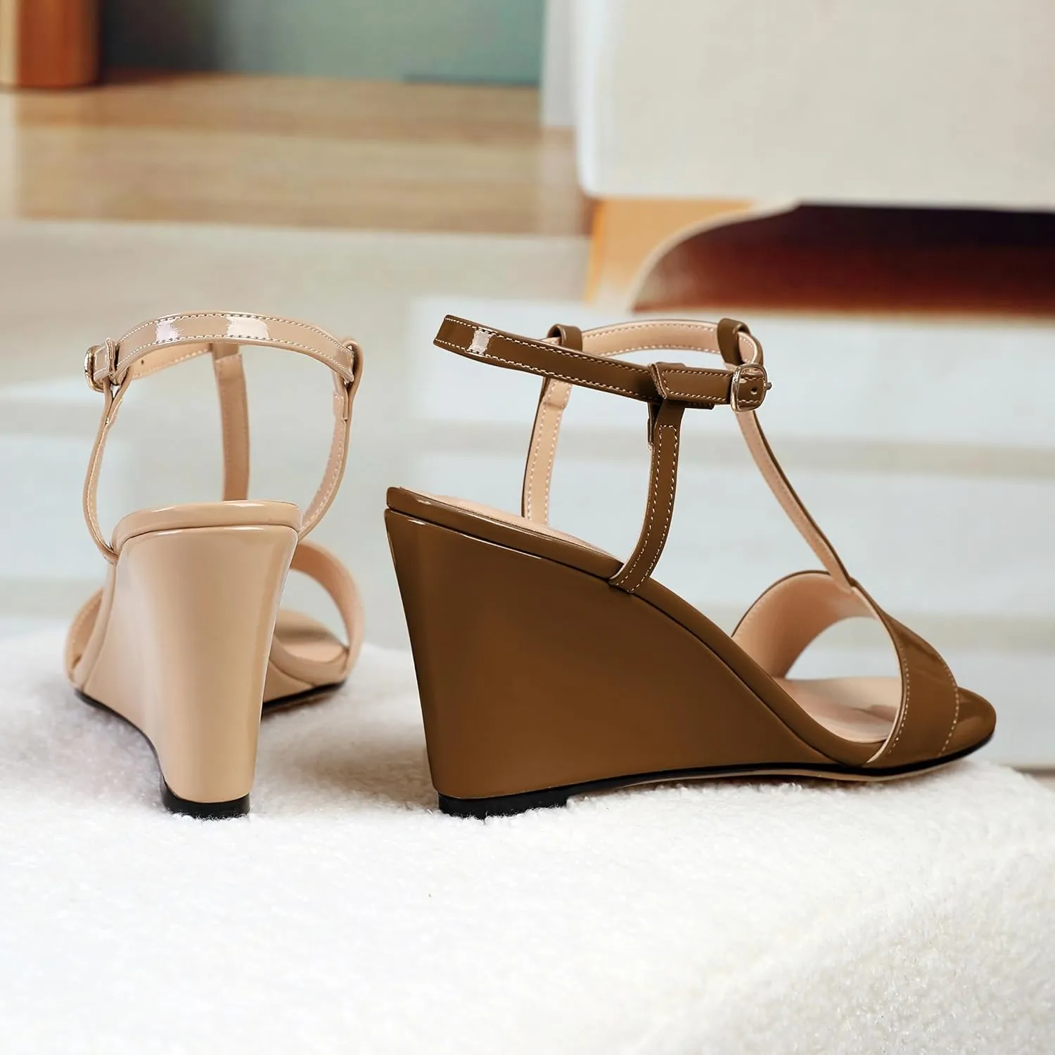Mettesally Women's Wedge Heels T Strap High Heels Ankle Strap Open Toe Strappy Heeled Sandals Dress Shoes for Casual Party