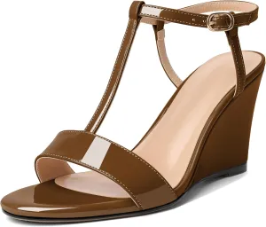 Mettesally Women's Wedge Heels T Strap High Heels Ankle Strap Open Toe Strappy Heeled Sandals Dress Shoes for Casual Party