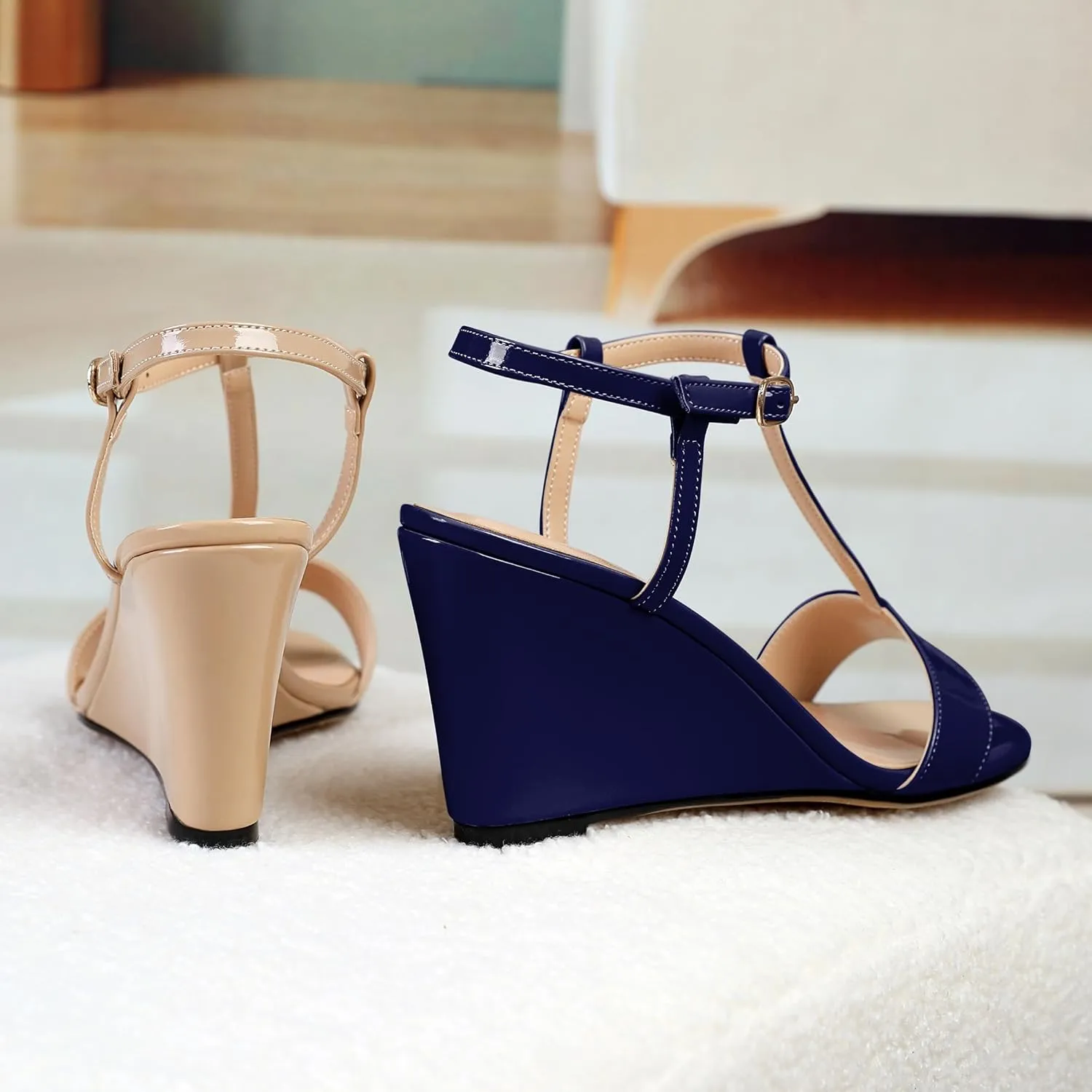 Mettesally Women's Wedge Heels T Strap High Heels Ankle Strap Open Toe Strappy Heeled Sandals Dress Shoes for Casual Party