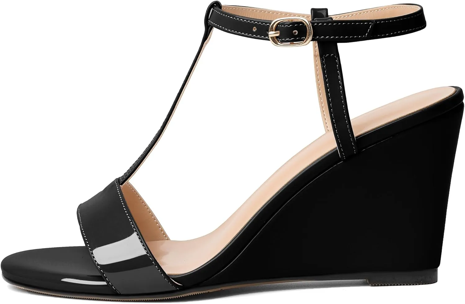 Mettesally Women's Wedge Heels T Strap High Heels Ankle Strap Open Toe Strappy Heeled Sandals Dress Shoes for Casual Party
