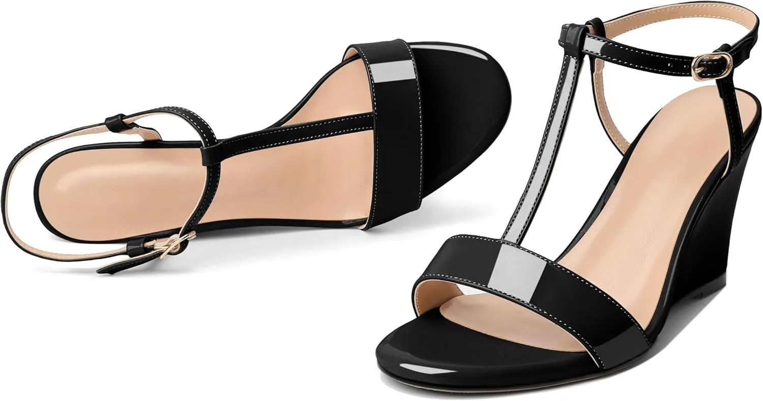 Mettesally Women's Wedge Heels T Strap High Heels Ankle Strap Open Toe Strappy Heeled Sandals Dress Shoes for Casual Party