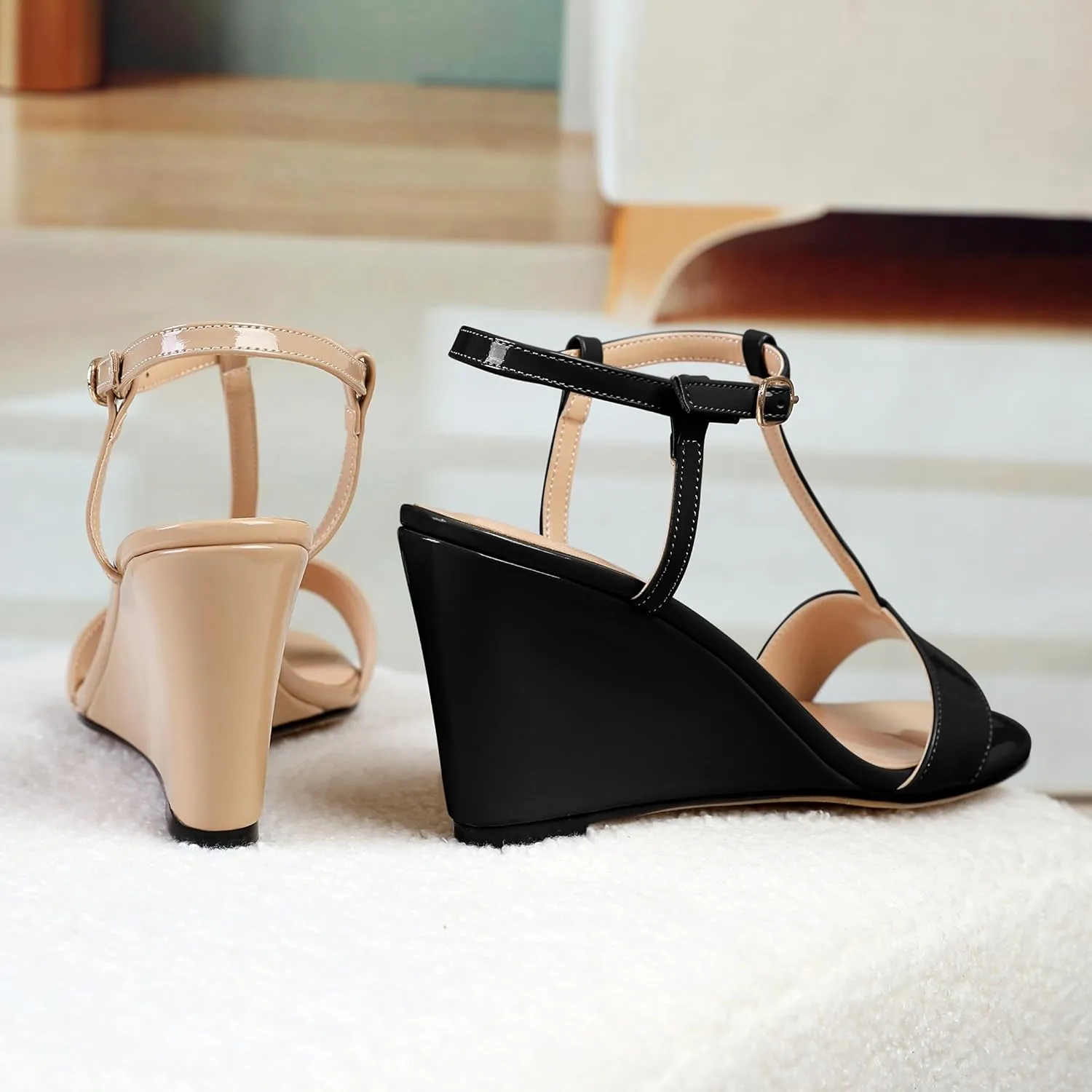 Mettesally Women's Wedge Heels T Strap High Heels Ankle Strap Open Toe Strappy Heeled Sandals Dress Shoes for Casual Party