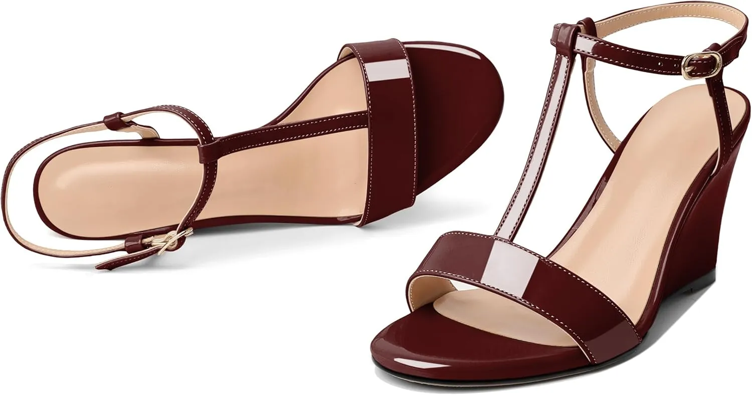 Mettesally Women's Wedge Heels T Strap High Heels Ankle Strap Open Toe Strappy Heeled Sandals Dress Shoes for Casual Party