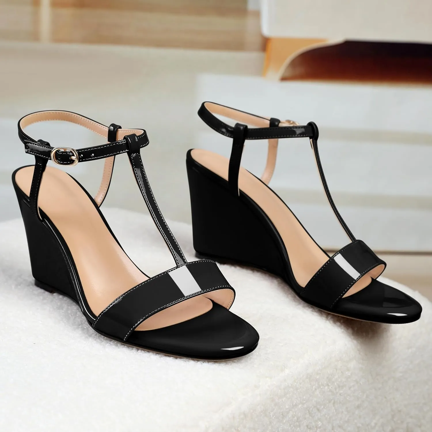 Mettesally Women's Wedge Heels T Strap High Heels Ankle Strap Open Toe Strappy Heeled Sandals Dress Shoes for Casual Party