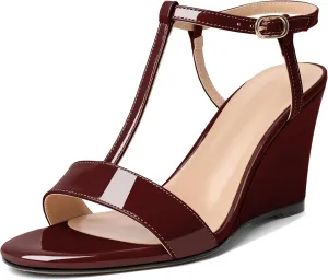 Mettesally Women's Wedge Heels T Strap High Heels Ankle Strap Open Toe Strappy Heeled Sandals Dress Shoes for Casual Party