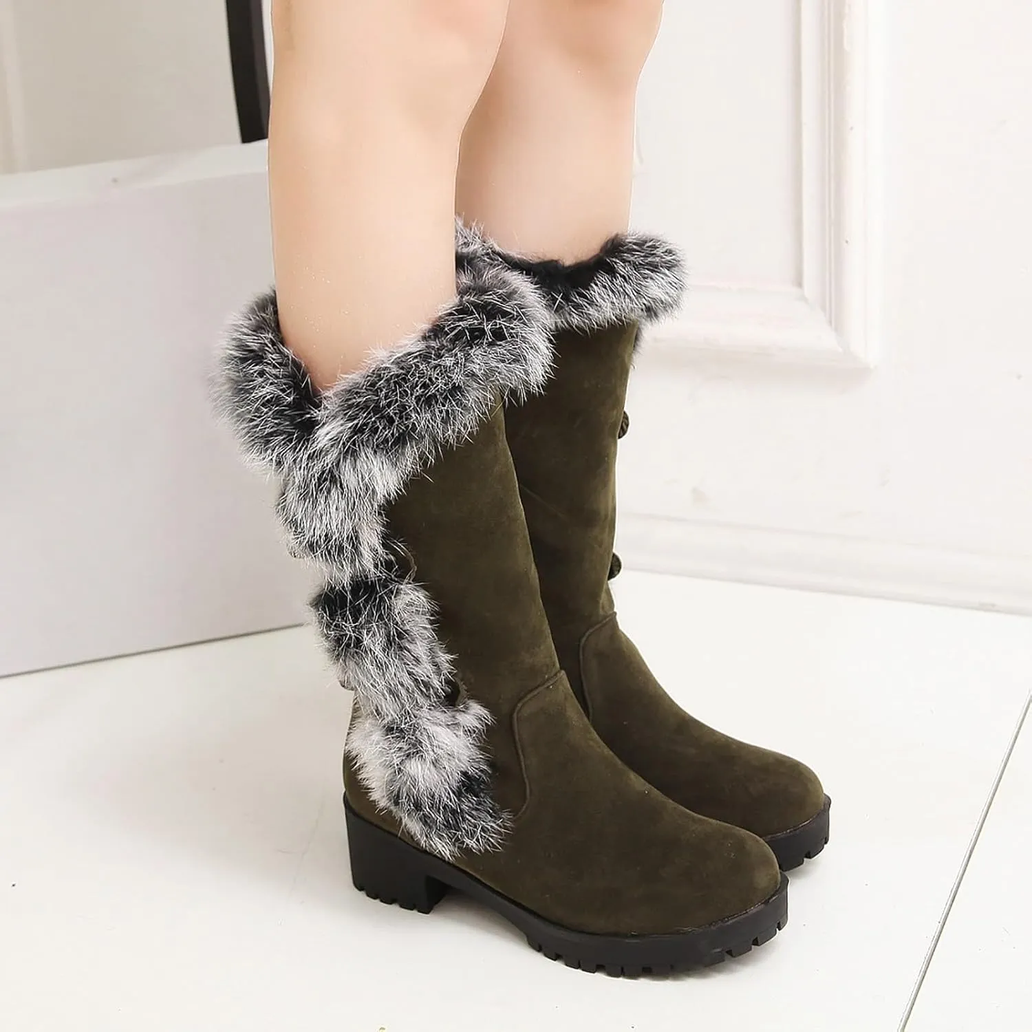 Mid Calf Boots Snow Boots for Women Autumn And Winter Women's Casual Frosted Mid-Length Boots Low Heel Mid-Calf Boots