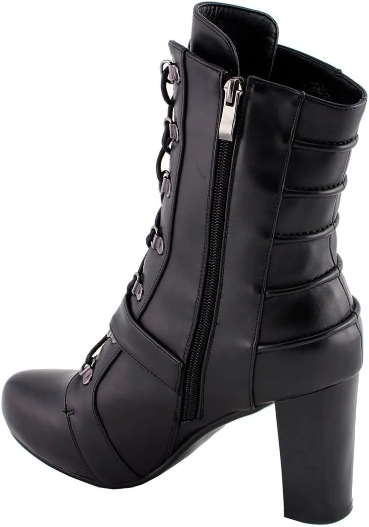 Milwaukee Leather MBL9431 Women's Black Lace-Up Fashion Boots with Block Heel and Buckle Strap