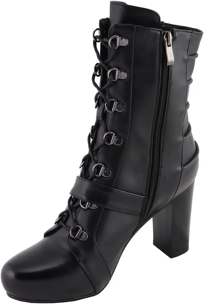 Milwaukee Leather MBL9431 Women's Black Lace-Up Fashion Boots with Block Heel and Buckle Strap