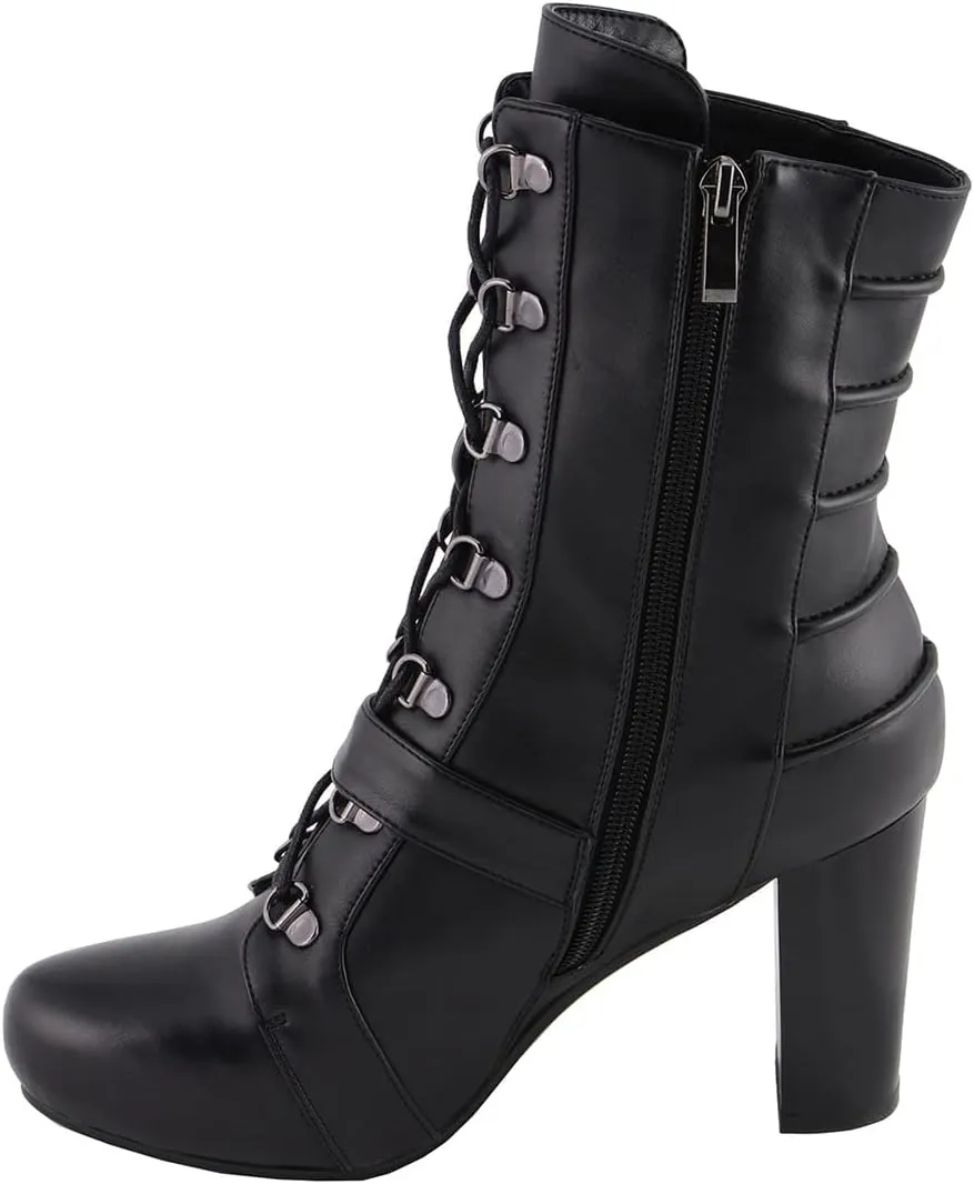 Milwaukee Leather MBL9431 Women's Black Lace-Up Fashion Boots with Block Heel and Buckle Strap