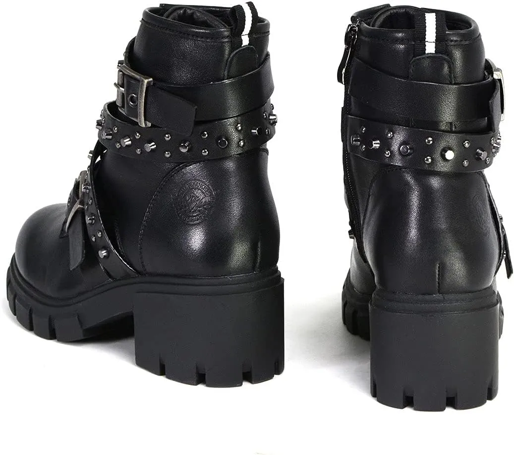 Milwaukee Leather MBL9444 Women's Bruiser Premium Black Lace-Up Fashion Boots w/Studded Straps