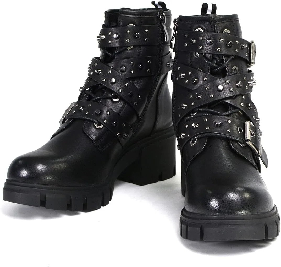 Milwaukee Leather MBL9444 Women's Bruiser Premium Black Lace-Up Fashion Boots w/Studded Straps