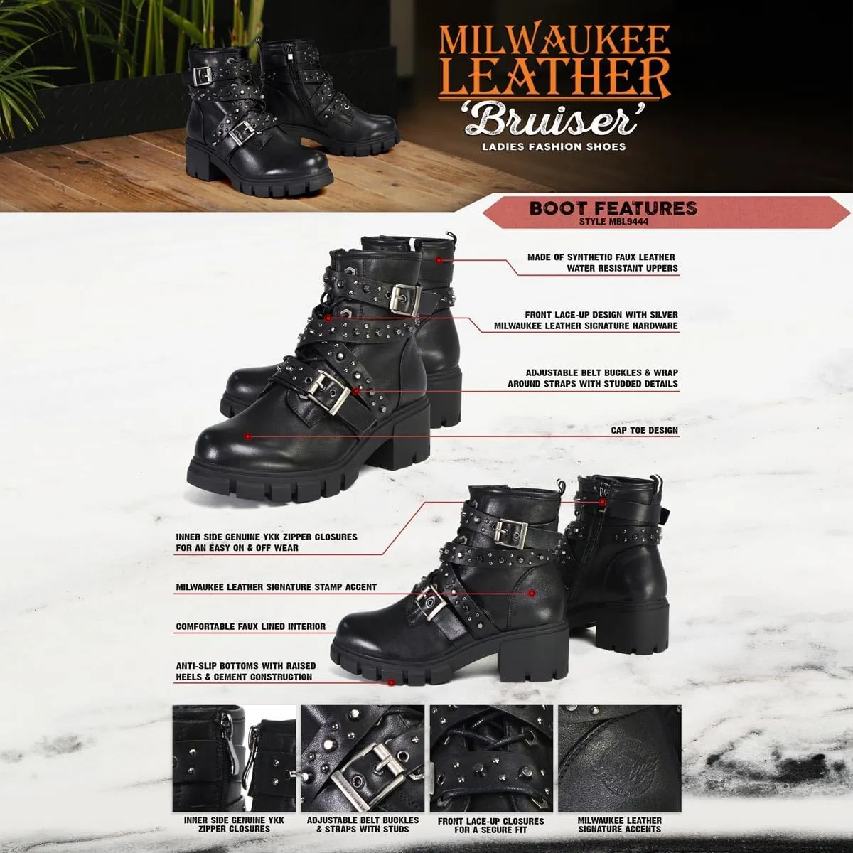 Milwaukee Leather MBL9444 Women's Bruiser Premium Black Lace-Up Fashion Boots w/Studded Straps