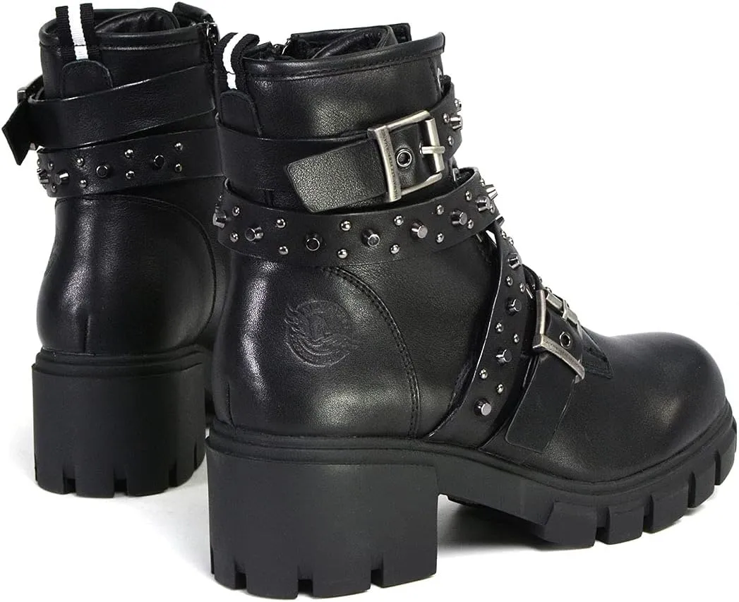 Milwaukee Leather MBL9444 Women's Bruiser Premium Black Lace-Up Fashion Boots w/Studded Straps