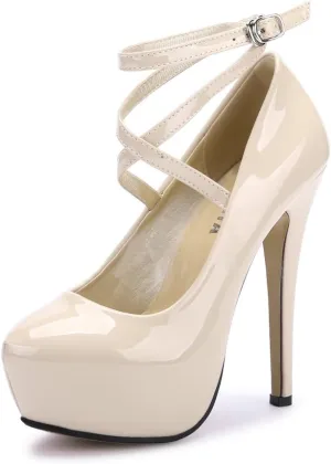 OCHENTA Women's Ankle Strap Platform Pumps 5.5" High Heeled Sexy Party Dress Stiletto Heels PU Beige 43 - US 10.5