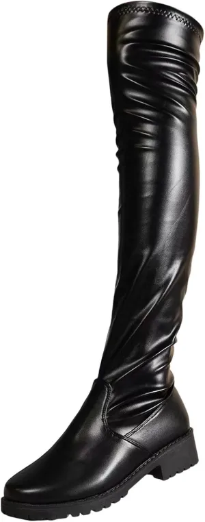 Over the Knee Boots Leather Boots for Women Thigh High Chunky Heel Boots Long Tall Stretch Fall Pull on Boots Outdoor
