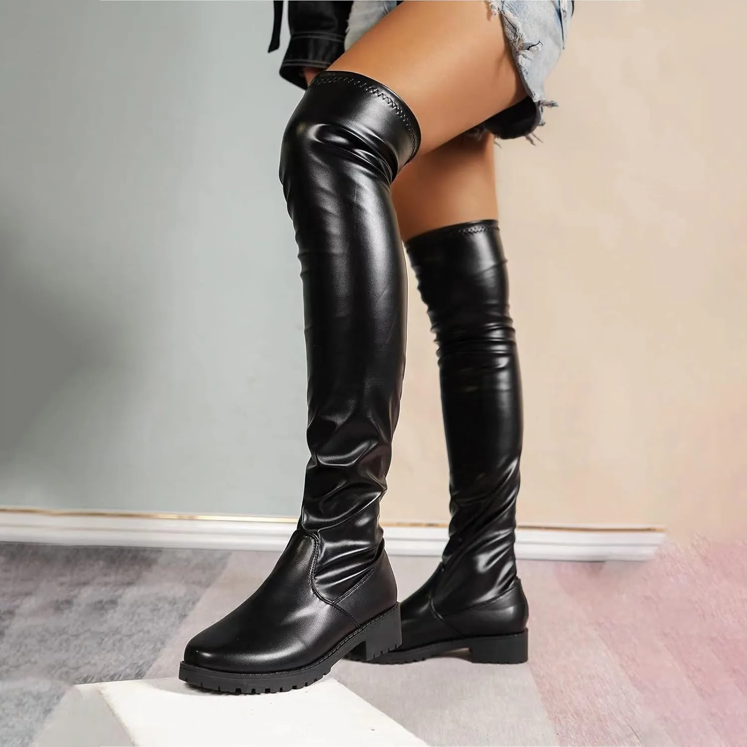 Over the Knee Boots Leather Boots for Women Thigh High Chunky Heel Boots Long Tall Stretch Fall Pull on Boots Outdoor