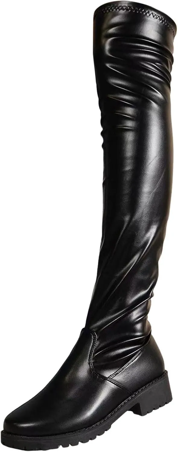 Over the Knee Boots Leather Boots for Women Thigh High Chunky Heel Boots Long Tall Stretch Fall Pull on Boots Outdoor