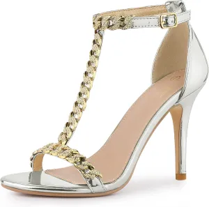 Perphy T Strap Rhinestone Ankle Strap Stiletto Heels Sandals for Women