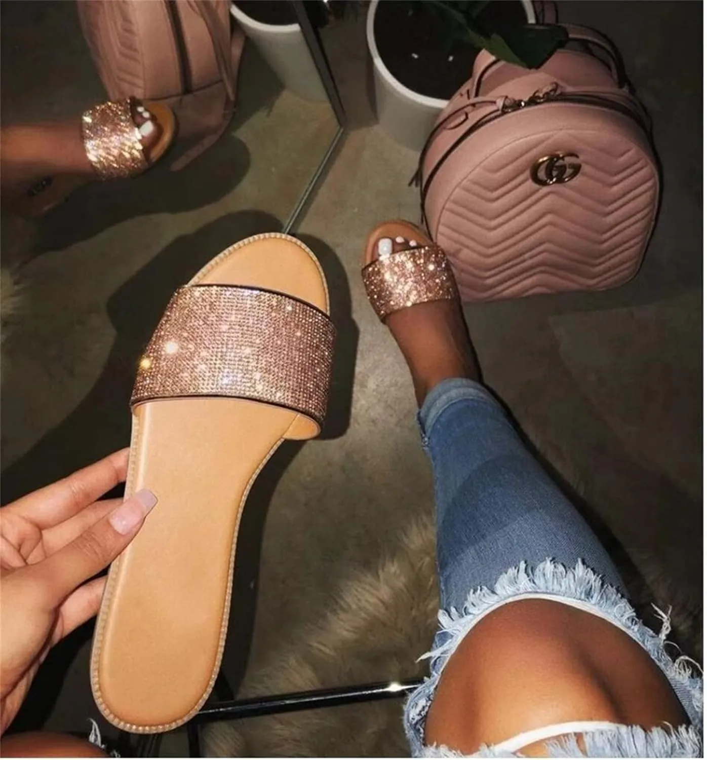 Rhinestone Sandals For Women,Women Flat Sadals Glitter Flat Dressy Flip-Flops Summer Open Toe Beach Sandals Slippers