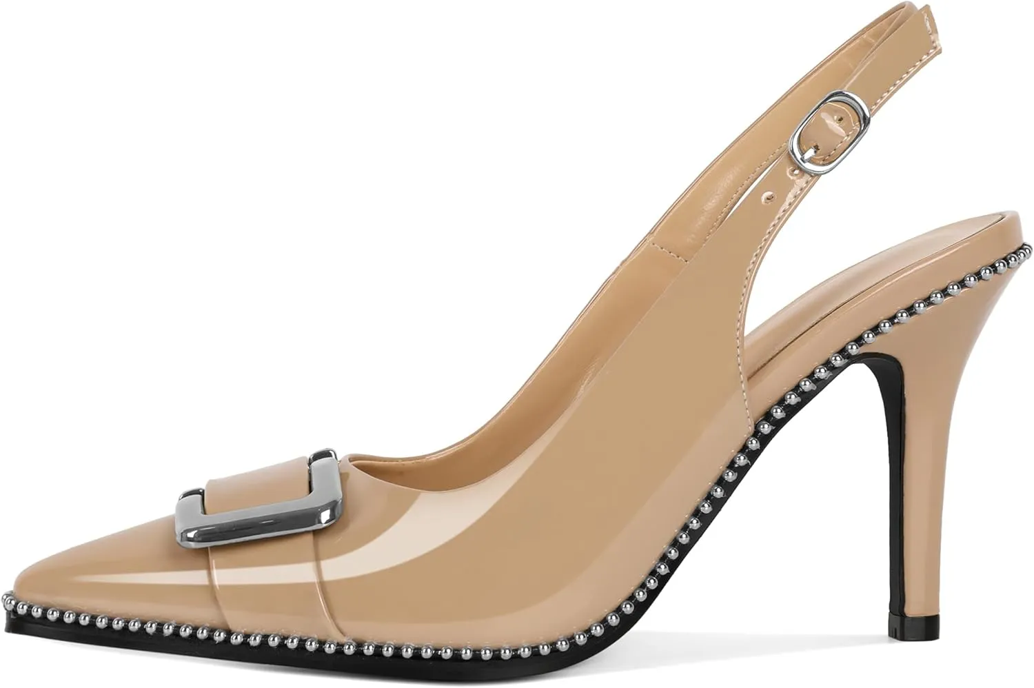 SAMMITOP Womens Slingback Stiletto High Heels Closed Pointed Toe Pumps Beaded Metal Buckle Sexy Office Dress Shoes 3.5 Inch