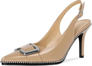 SAMMITOP Womens Slingback Stiletto High Heels Closed Pointed Toe Pumps Beaded Metal Buckle Sexy Office Dress Shoes 3.5 Inch