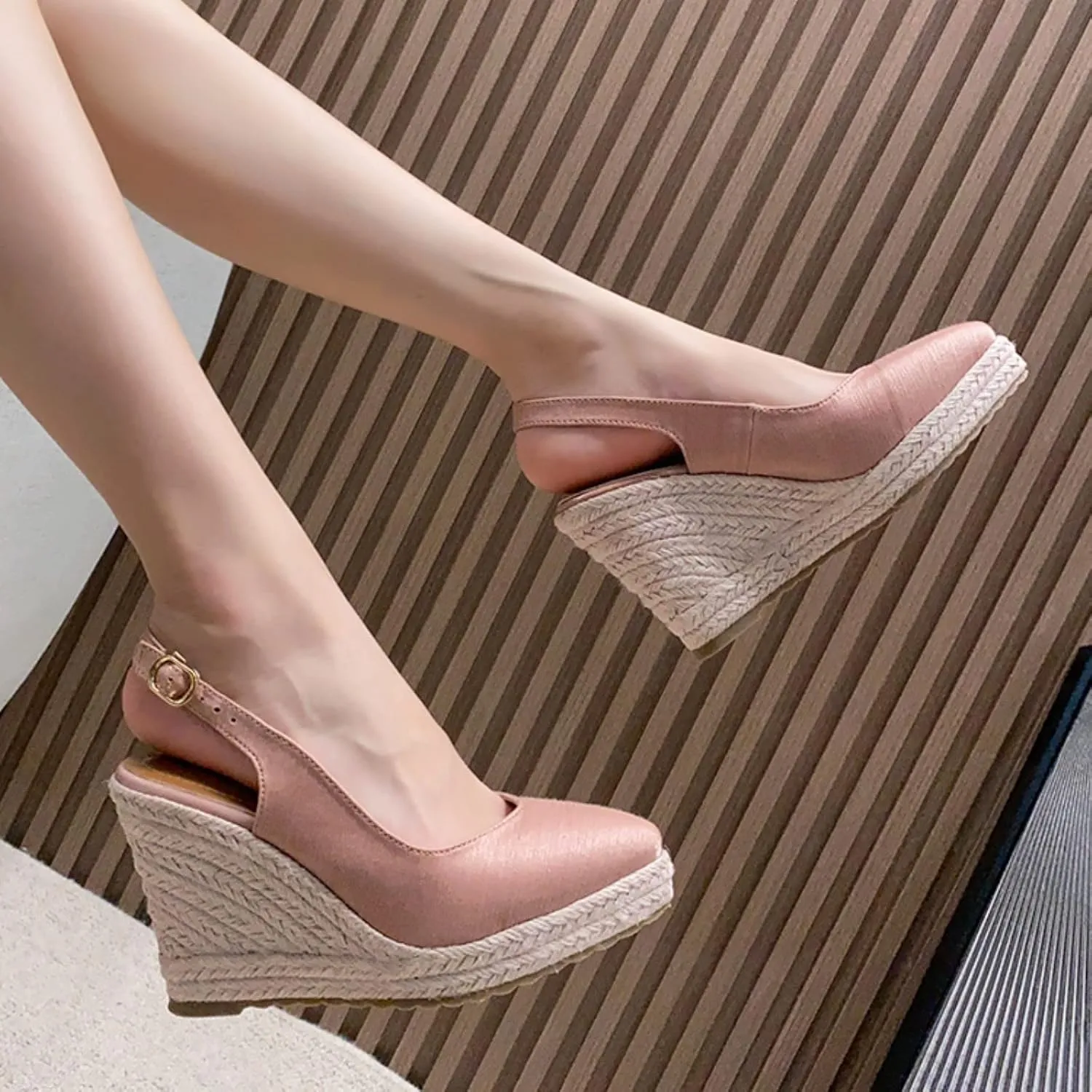 Sandals for Women Dressy Summer, Womens Closed Toe Sandals Women Summer Sandals 2023 Elastic Ankle Strap Casual Sandal Closed Toe Espadrilles Wedge Sandals Slip on Platform Sandals (B-Rose Gold, 8)