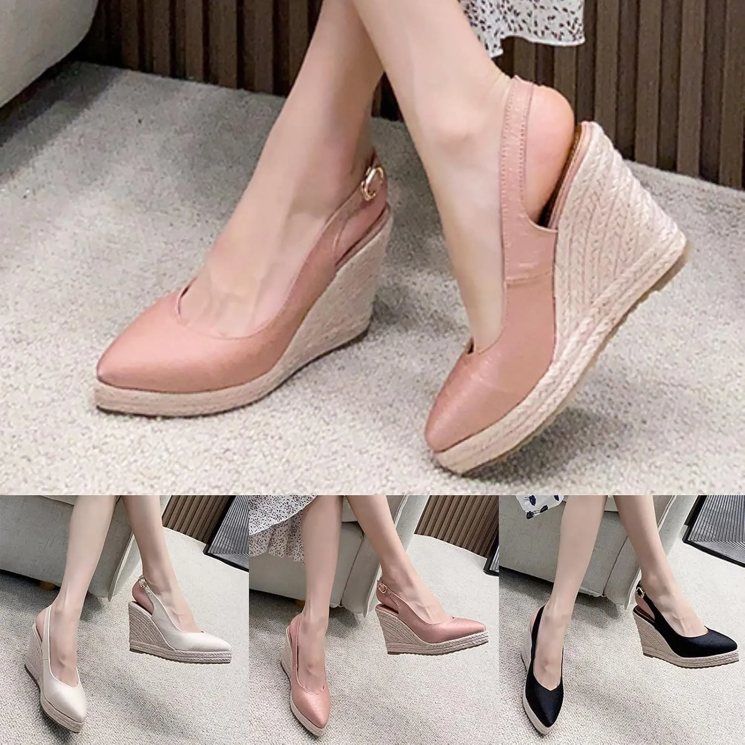 Sandals for Women Dressy Summer, Womens Closed Toe Sandals Women Summer Sandals 2023 Elastic Ankle Strap Casual Sandal Closed Toe Espadrilles Wedge Sandals Slip on Platform Sandals (B-Rose Gold, 8)