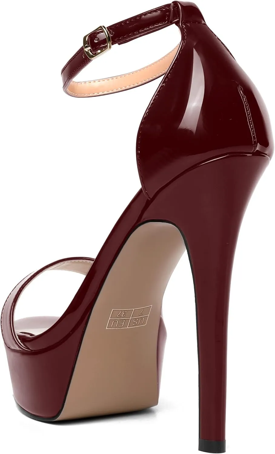 SHOWFOREST Womens Solid Buckle Platform Sexy Ankle Strap Night Club Patent Open Toe Stiletto High Heel Pumps Shoes 5 Inch