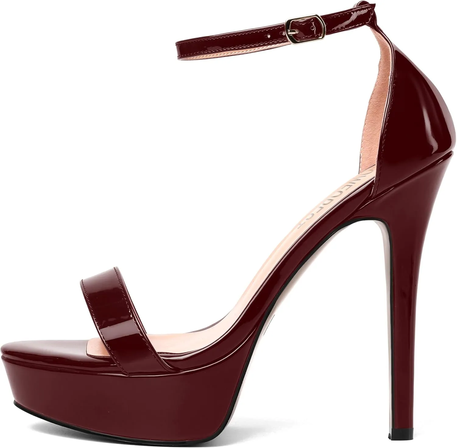 SHOWFOREST Womens Solid Buckle Platform Sexy Ankle Strap Night Club Patent Open Toe Stiletto High Heel Pumps Shoes 5 Inch