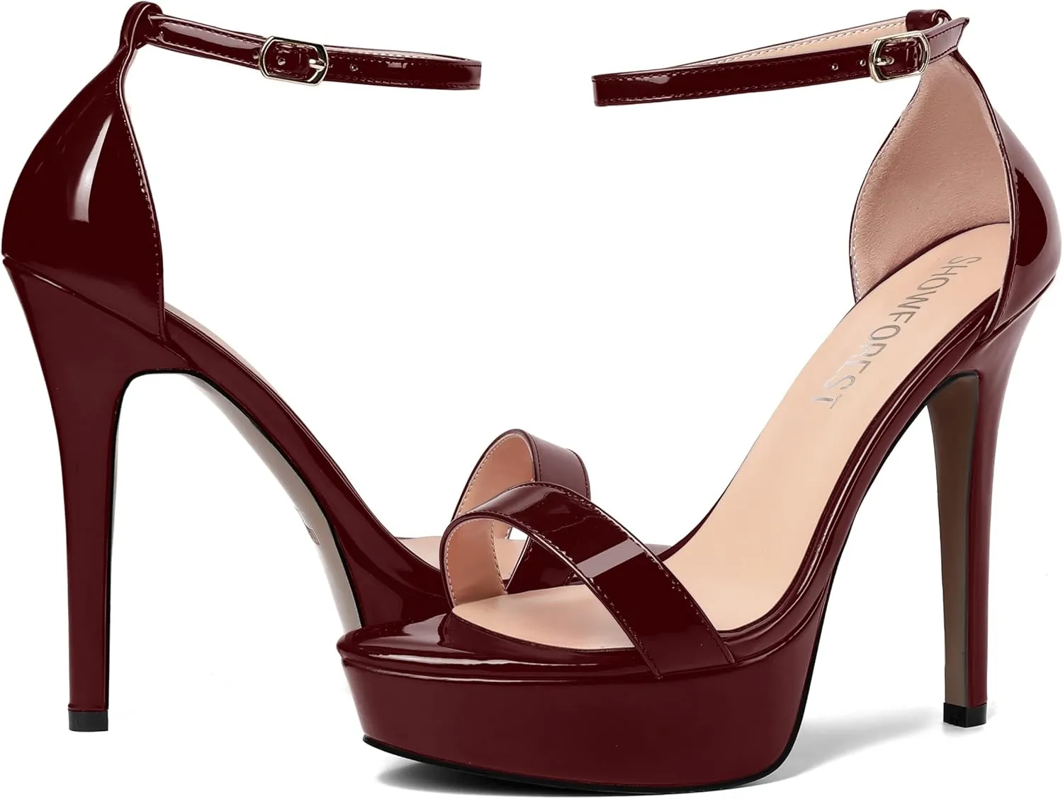 SHOWFOREST Womens Solid Buckle Platform Sexy Ankle Strap Night Club Patent Open Toe Stiletto High Heel Pumps Shoes 5 Inch