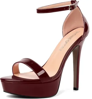 SHOWFOREST Womens Solid Buckle Platform Sexy Ankle Strap Night Club Patent Open Toe Stiletto High Heel Pumps Shoes 5 Inch