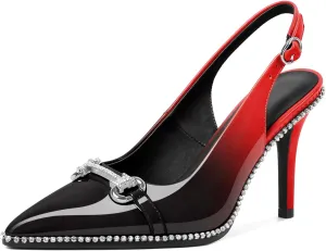 Slingback Heels for Women Stilettos High Heel Crystal-Encrusted Buckled Heels Pointd Toe Pumps 3.5 Inch Comfortable Event Party Dress Shoes