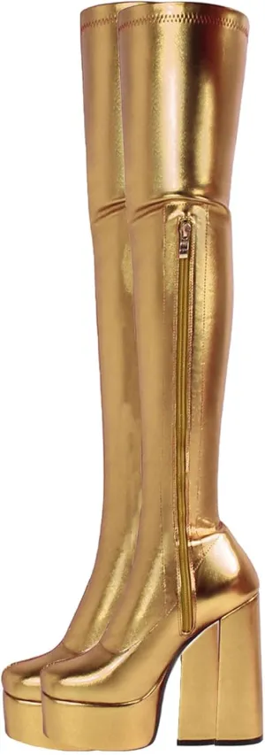 Thigh High Boots for Women, Pull on Stretch Legging Boots Round Toe Thick high Heel Side Zipper Thigh Boots Waterproof Platform Fashion Boots Heel Height 14CM