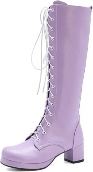 Vujkliy Women's Block Heel Mid-Calf Boots Round Toe Lace Up Side Zipper Fashion Boots