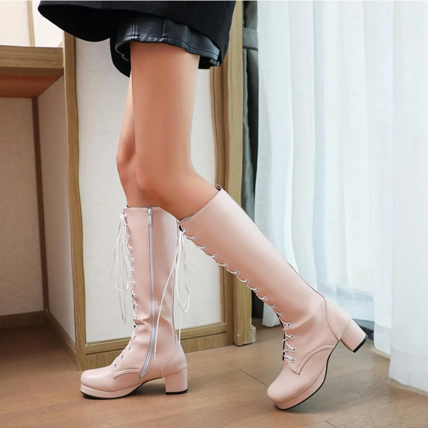 Vujkliy Women's Block Heel Mid-Calf Boots Round Toe Lace Up Side Zipper Fashion Boots