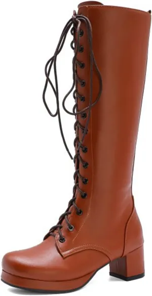 Vujkliy Women's Block Heel Mid-Calf Boots Round Toe Lace Up Side Zipper Fashion Boots