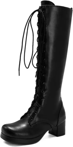 Vujkliy Women's Block Heel Mid-Calf Boots Round Toe Lace Up Side Zipper Fashion Boots